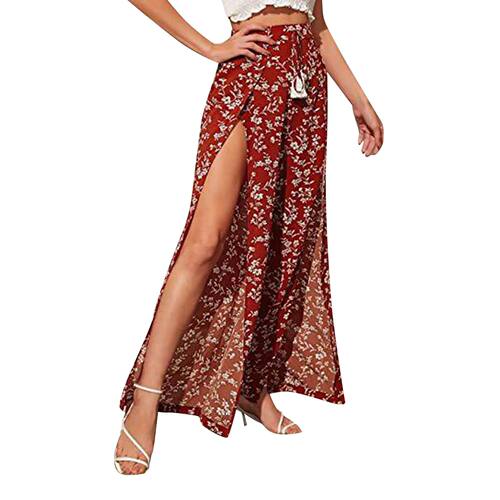 度假系带腰开叉阔腿裤 lace-up waist high slit wide leg pants - 图2