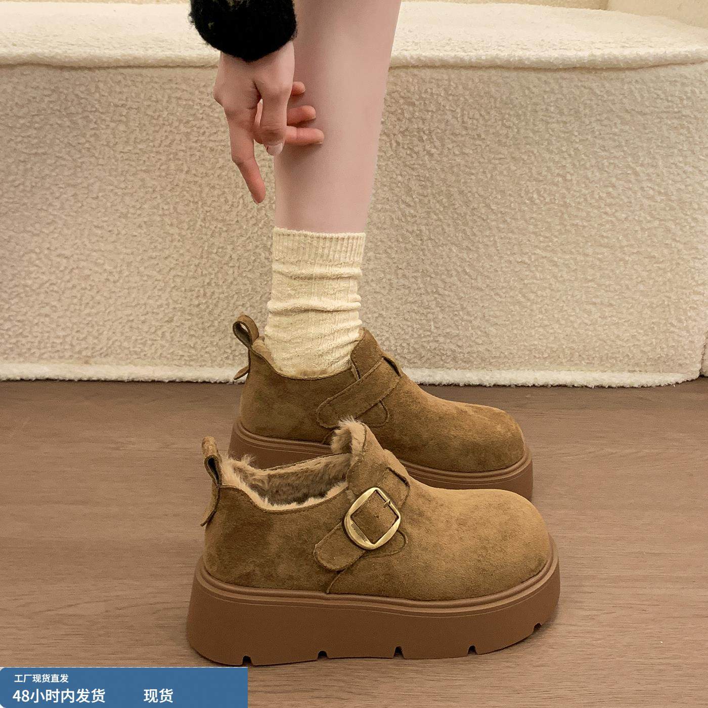 厚底增高加绒加厚勃肯鞋女乐福鞋2025冬季新款雪地靴百搭高帮棉鞋 - 图0