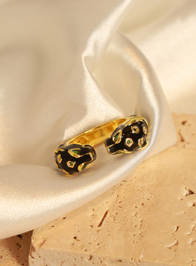 跨境新款个性铜材质黑豹镶钻珐琅彩釉开口戒指时尚小众设计饰品