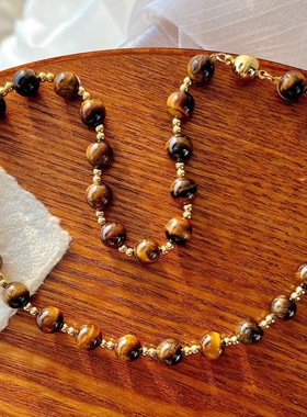 新中式复古精品8mm美拉德风天然虎眼石锁骨链项链 保真可复检