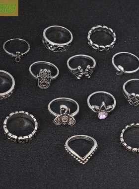13pcs Vintage Crown Jewel Big Retro Elephant Joint ring set