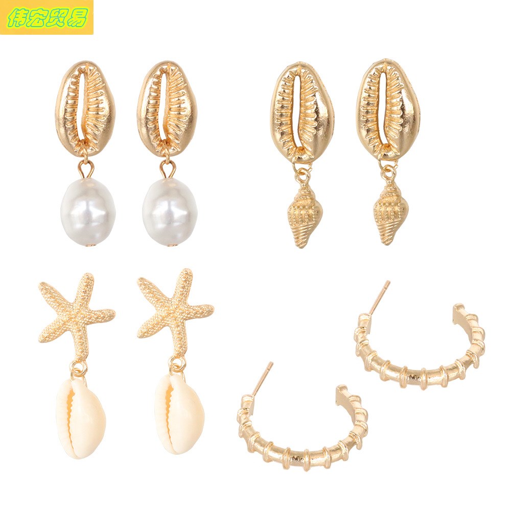 Bohemia Shell Pearl Conch Starfish Stud Earrings 4 Pairs Set - 图3