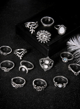 Vintage Flower Sunflower moon Sun Fourteen Piece Ring Set