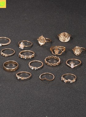 15pcs Retro beauty head gold coin cross new joint rings set