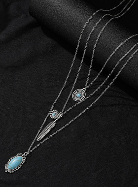 New retro Bohemian turquoise feather carved layer necklace