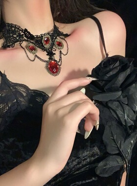 蕾丝项链女Halloween Crimson Lace Tassel Necklace Women Retro