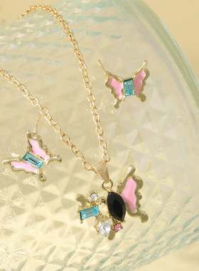 钻滴油蝴蝶项链耳钉2件组合饰品