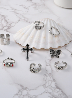 Cross Frog Peacock Butterfly Weeping Face finger Ring Set