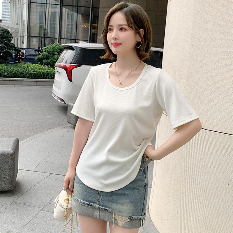 大码正肩t恤女200斤短袖胖mm宽松百搭夏季薄款遮肚大领口显瘦上衣 - 图2