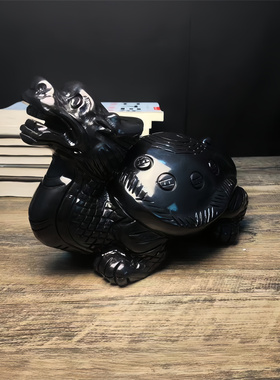 招财黑墨玉手工雕刻龙龟摆件