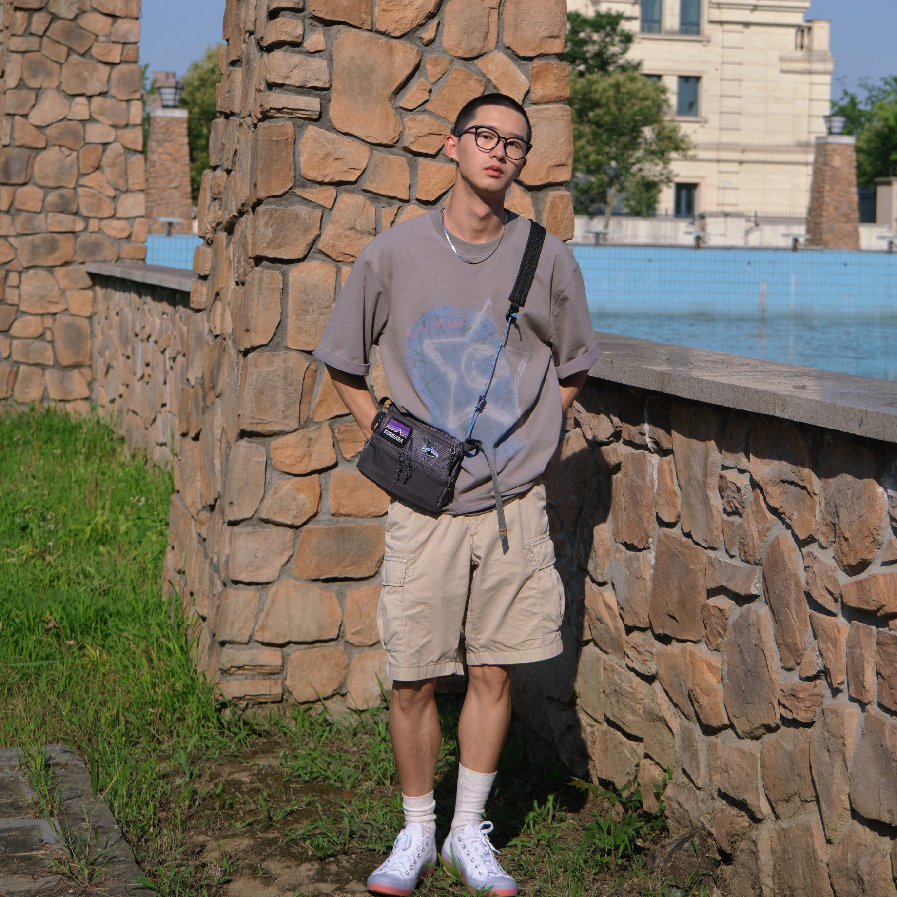 kurihara潮牌格纹飞钓胸包斜挎包 kurihara男士包袋