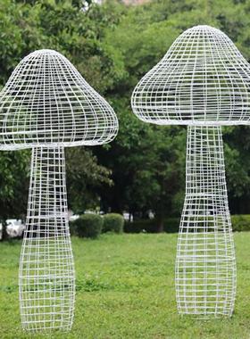 不锈钢铁艺镂空蘑菇雕塑户外园林售楼部草坪网格金属发光植物摆件