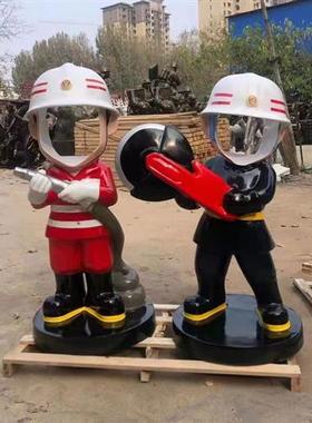 卡通消防员主题人物雕塑玻璃钢定制仿铜广场户外公仔公园大型摆件
