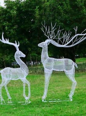 户外不锈钢镂空梅花鹿雕塑草坪公园林售楼部发光线条仿真动物摆件