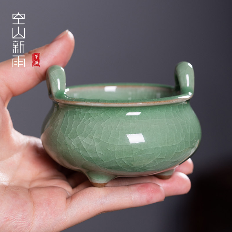 空山新雨复古龙泉青瓷三足香炉陶瓷小号家用香薰供佛创意茶道摆件,淘宝优惠券,粉丝福利购,淘宝优惠卷