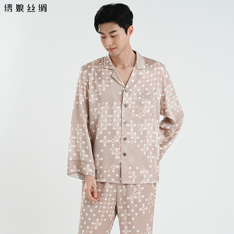 绣娘丝绸新款真丝睡衣宽松100%桑蚕丝男款长袖两件套男士家居服 - 图2