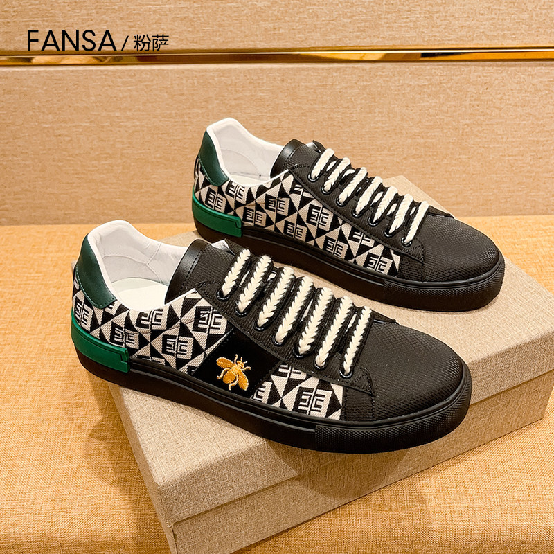 欧洲站板鞋男休闲百搭透气布鞋轻奢潮流大牌小蜜蜂真皮印花小黑鞋,淘宝优惠券,粉丝福利购,淘宝优惠卷