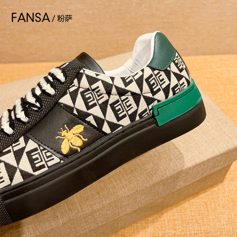 欧洲站板鞋男休闲百搭透气布鞋轻奢潮流大牌小蜜蜂真皮印花小黑鞋,淘宝优惠券,粉丝福利购,淘宝优惠卷