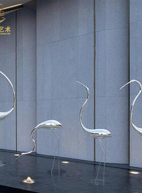 现货不锈钢仙鹤雕塑镜面草坪水池园林景观装饰抽象白鹭火烈鸟摆件