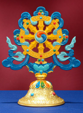 闯隆合金彩绘八吉祥八宝金轮摆件