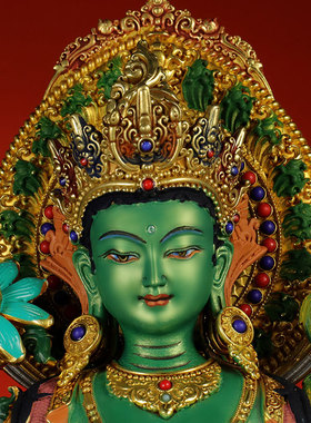 闯隆铜彩绘雕花绿度母铜雕像摆件