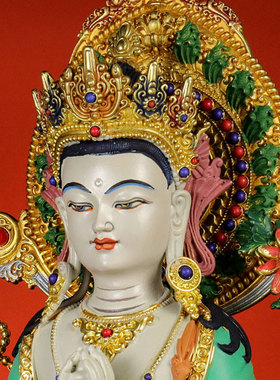 闯隆铜彩绘雕花四臂观音铜像摆件