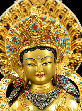 闯隆铜铸绿度母带背光鎏金摆件