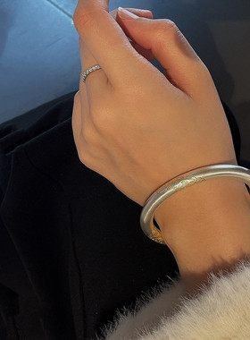 足银999古法描金花叶圆棍空心手镯民族风圆圈新中式镯子复古饰品