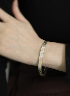 999实心足银国风新中式描金印花纯银手镯女新款民族风银饰镯子