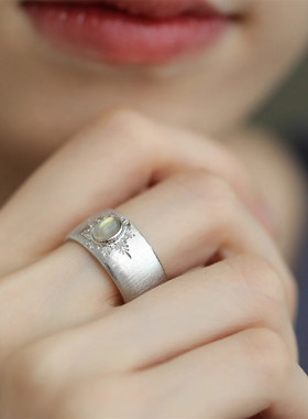 925银拉长石闭口戒指女2025年可调节拉丝指环简约民族风小众饰品