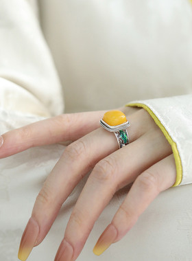 925银珐琅镂空荷叶琥珀蜜蜡方形几何戒指女国风新中式指环饰品