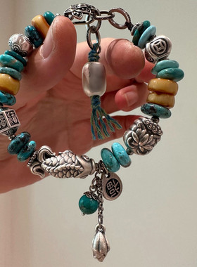 足银绿松石鱼手串复古风复古手链女新中式敦煌风首饰小众设计