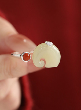 925银和田玉大象开口戒指2025年可调节指环国风文艺新中式指环女