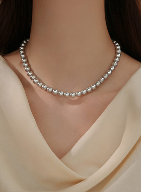 925银灰色珠珠圆珠通勤风项链锁骨链女轻奢高级感毛衣链礼物