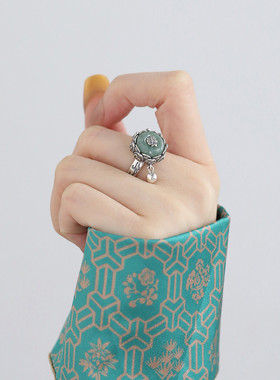 925银翡翠A货平安扣莲花复古戒指女2025年可转动小众设计指环饰品