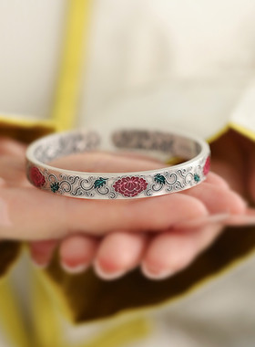 足银999砂旧珐琅花朵纯银开口手镯女款唐草纹树叶高级感气质礼物