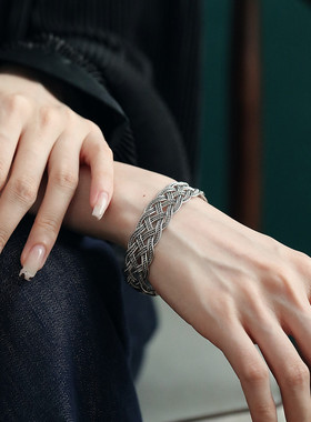 925银复古编织镂空宽面手镯女2025年轻奢高级实心镯子饰品