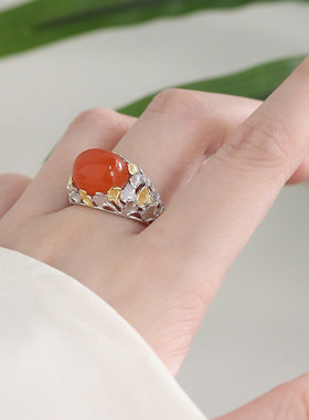 925银冰红南红玛瑙火山纹理戒指新中式国潮时尚百搭食指戒