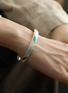 足银999珐琅树叶开口手镯女高级感2025年新中式实心镯子手环饰品