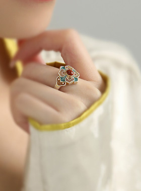 足银999珐琅花朵花丝戒指女国风新中式2025年小众设计指环饰品