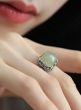 925银和田玉方糖复古戒指女民族风钱币花纹镂空国风新中式指环
