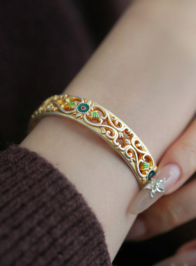 足银999描金镂空花朵开口手镯2025民族风新中式实心镯子手环饰品