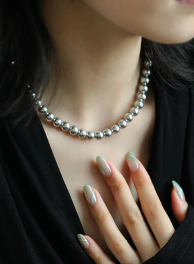 925银灰色正圆珠珠项链女通勤风锁骨链轻奢小众设计高级感链子