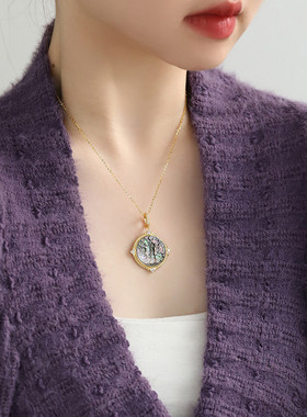 925银黑色贝壳十二星座雕刻吊坠项链简约百搭高级感复古风饰品