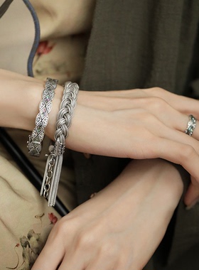 925纯银手镯女复古国潮涂鸦螺钿彩贝菱格纹轻奢2024新款开口手环