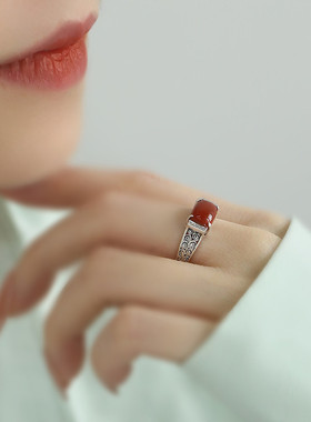 925银唐草纹南红玛瑙方形戒指中国风轻奢高级感小众设计指环饰品
