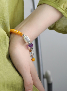 925银双鱼座复古国风民族风琥珀蜜蜡手链女新中式高级感小众设计