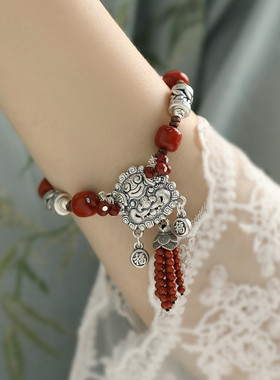 足银999南红玛瑙圆珠复古醒狮手链女国风新中式轻奢小众手环饰品