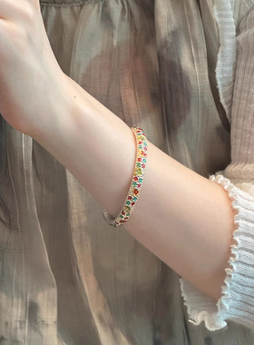 足银999花朵珐琅手镯女高级感实心开口镯子手环新中式国风饰品