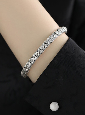 足银编织通勤风手镯女足银手镯女高级感银镯子999新中式镯子手环
